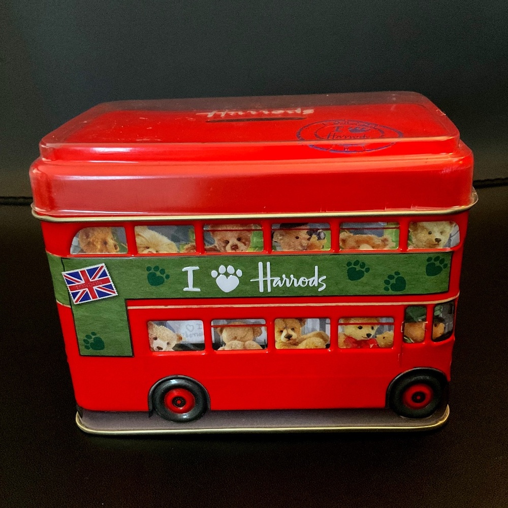 London red bus coin bank, empty tin, 4 x 5